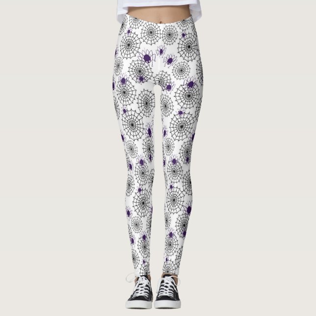 Spiderweb & Purple Spiders Halloween White Pattern Leggings (Front)