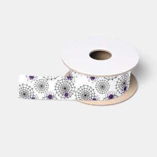 Spiderweb & Purple Spiders Halloween White Pattern Satin Ribbon