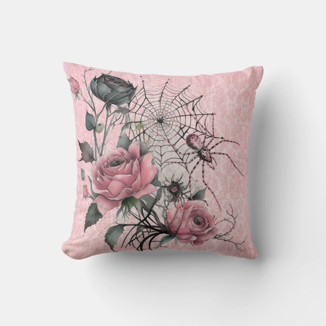 Spiderweb Roses | Pink Damask Gothic Halloween Cushion (Front)