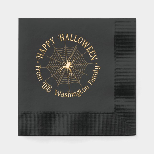 SpiderWeb & Spider #2 Happy Halloween Family Name Foil Napkins (Front)