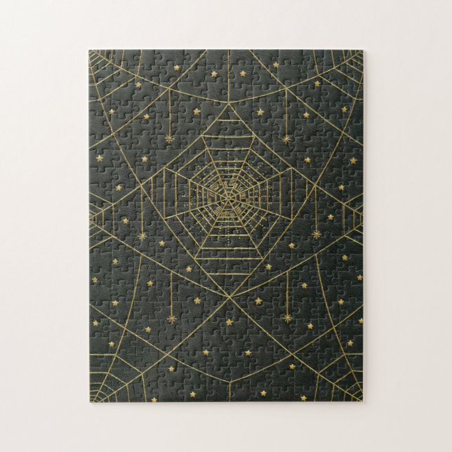 Spiderweb spider and stars black and gold jigsaw puzzle (Vertical)