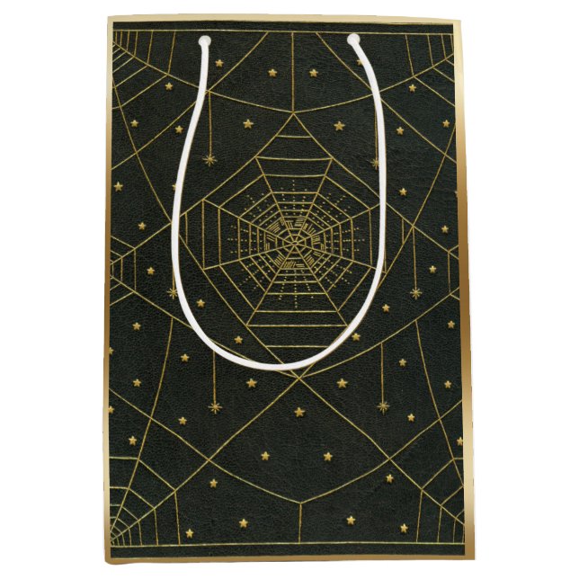 Spiderweb spider and stars black and gold medium gift bag (Front)