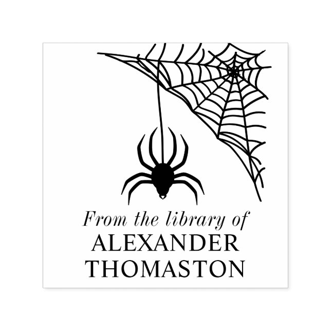 Spiderweb with Hanging Spider Library Book Name Self-inking Stamp (Design)