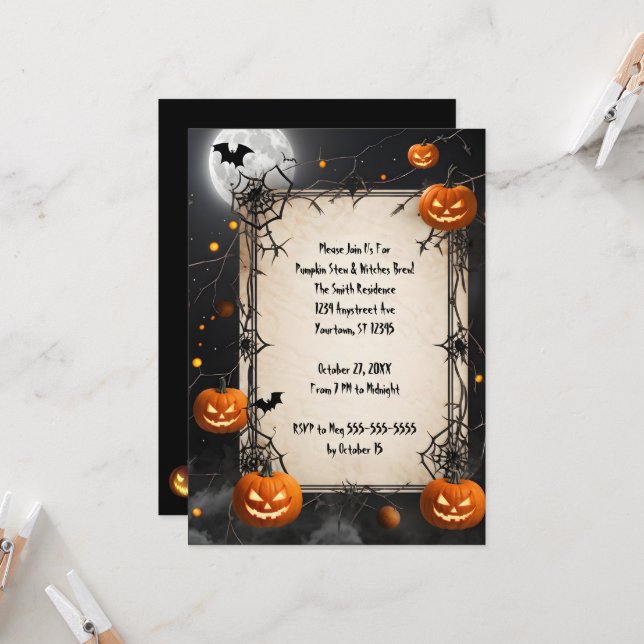 Spiderwebs and Jack-O-Lanterns Halloween Invitation (Front/Back In Situ)