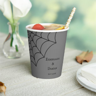 Spiderwebs Black and Grey Gothic Wedding Paper Cups