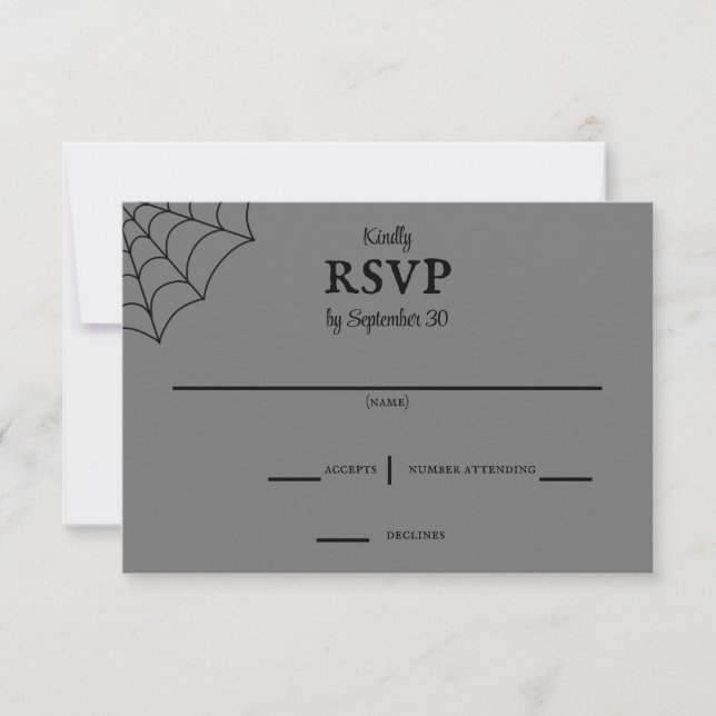 Spiderwebs Black and Grey Gothic Wedding RSVP (Front)