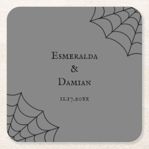 Spiderwebs Black and Grey Gothic Wedding Square Paper Coaster