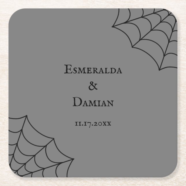 Spiderwebs Black and Grey Gothic Wedding Square Paper Coaster (Front)