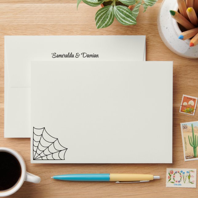 Spiderwebs Black and White Gothic Wedding Envelope (Desk)