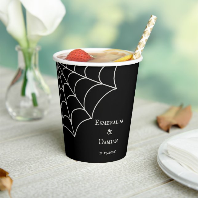 Spiderwebs Black and White Gothic Wedding Paper Cups (Insitu)
