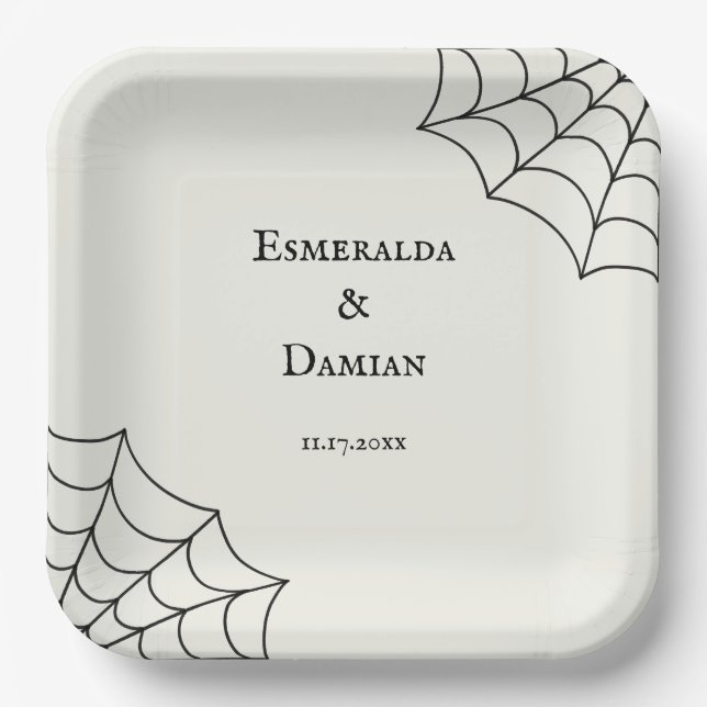 Spiderwebs Black and White Gothic Wedding Paper Plate (Front)