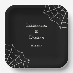 Spiderwebs Black and White Gothic Wedding Paper Plate