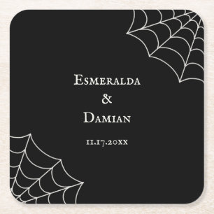 Spiderwebs Black and White Gothic Wedding Square Paper Coaster