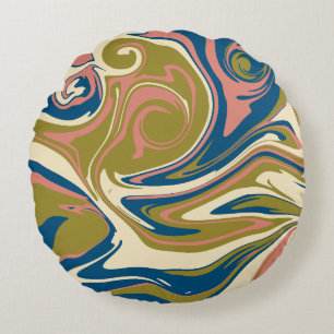 Spill - Blue, Olive Green, Pink and Cream Round Cushion