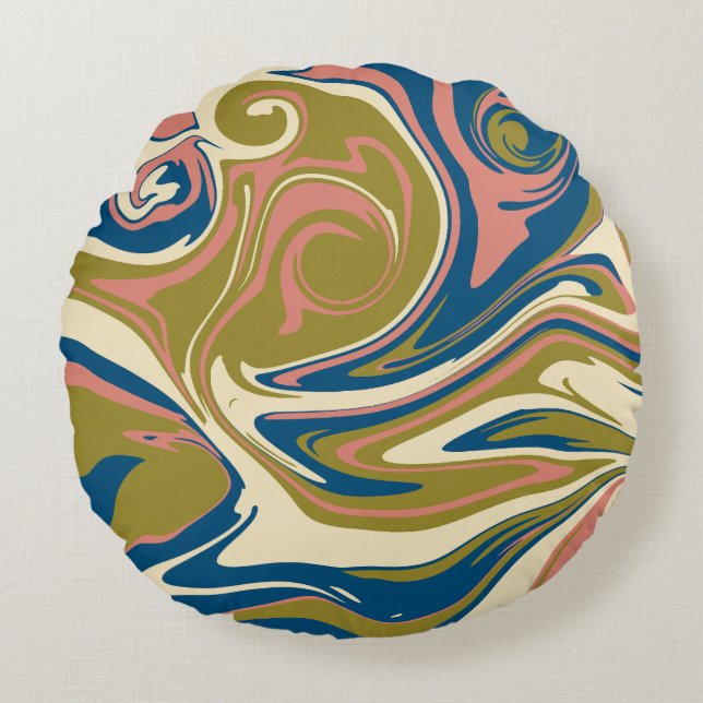 Spill - Blue, Olive Green, Pink and Cream Round Cushion (Front)