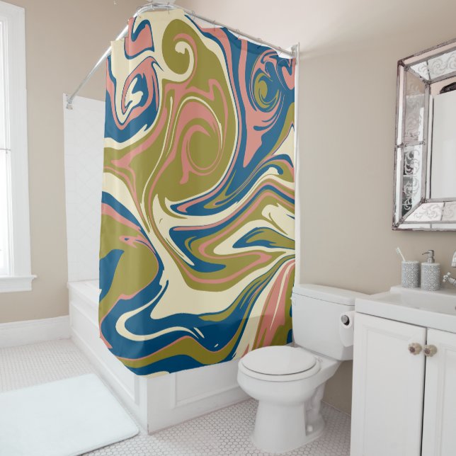 Spill - Blue, Olive Green, Pink and Cream Shower Curtain (In Situ)