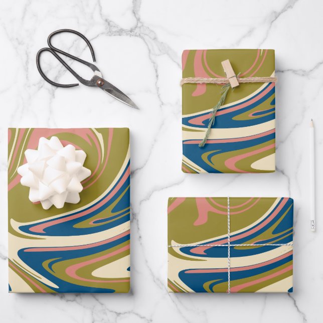 Spill - Blue, Olive Green, Pink and Cream Wrapping Paper Sheet (Front)