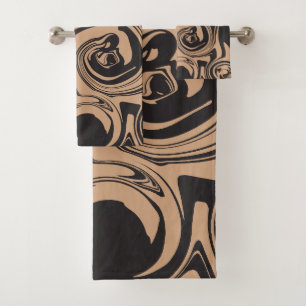 Spill in Tan and Black retro, marble swirl Bath Towel Set