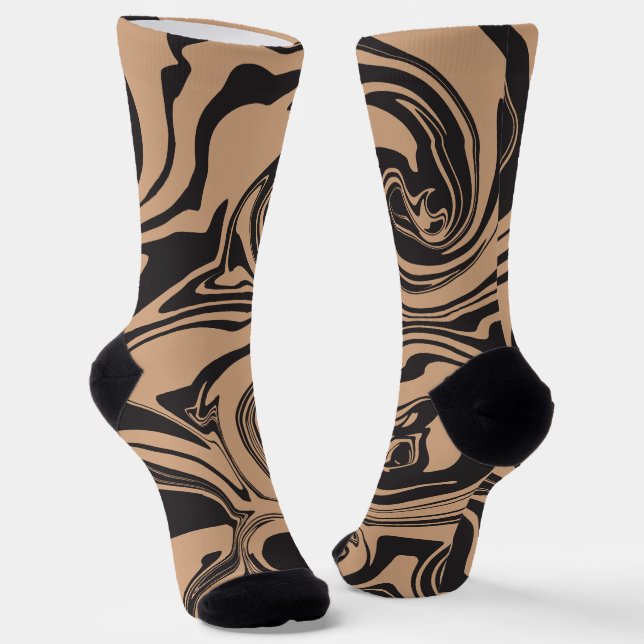 Spill in Tan and Black retro, marble swirl Socks (Angled)