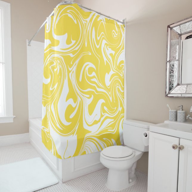 Spill - Lemon Yellow and White Shower Curtain (In Situ)