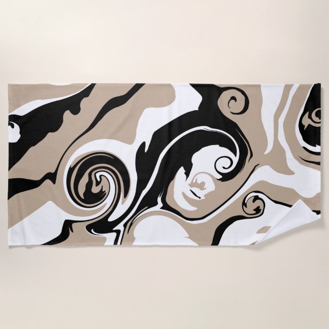 Spill - Taupe, Black and White Beach Towel (Front)