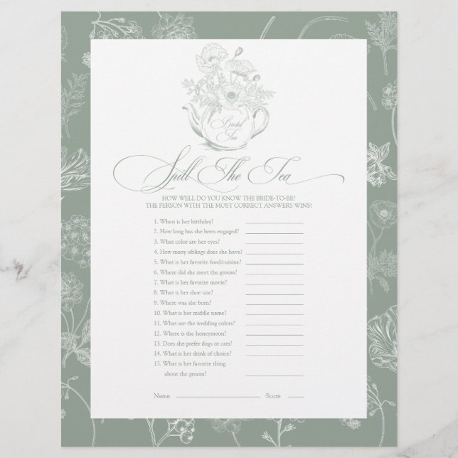 Spill The Tea Bridal Shower Game (Front)