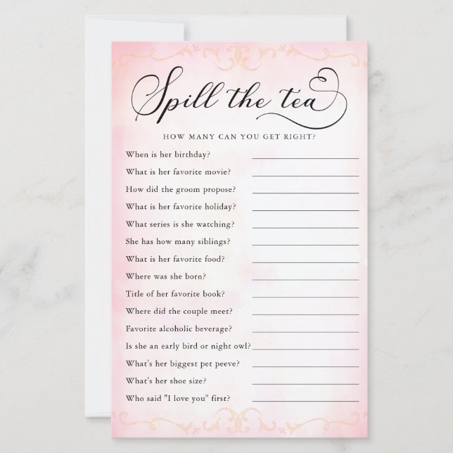 Spill the Tea Bridal Shower Game – Tea Party Theme (Front)