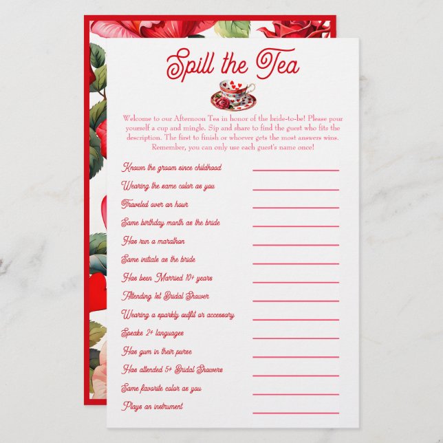 Spill the Tea: Bridal Shower Mix and Mingle Game (Front/Back)