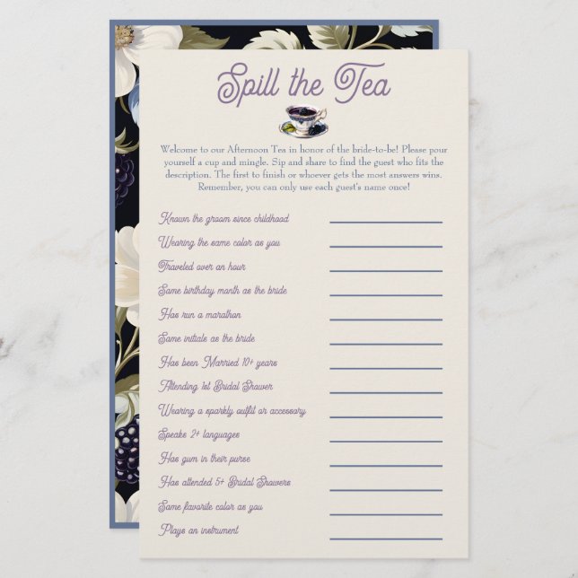 Spill the Tea: Bridal Shower Mix and Mingle Game (Front/Back)