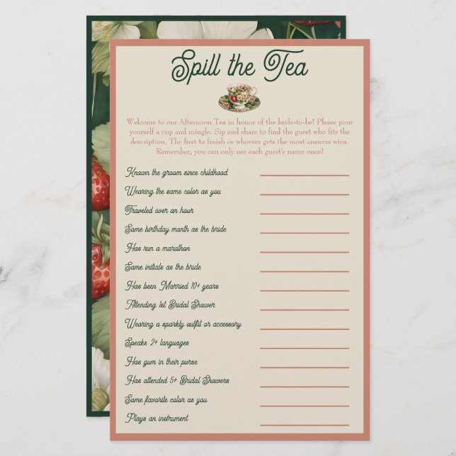 Spill the Tea: Bridal Shower Mix and Mingle Game (Front/Back)