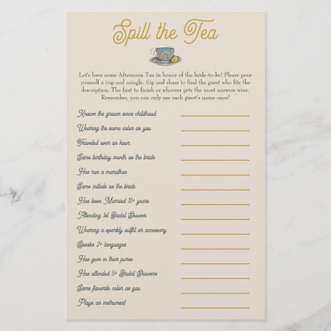 Spill the Tea: Bridal Shower Mix and Mingle Game (Front)