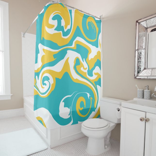 Spill - Turquoise and Yellow Shower Curtain (In Situ)