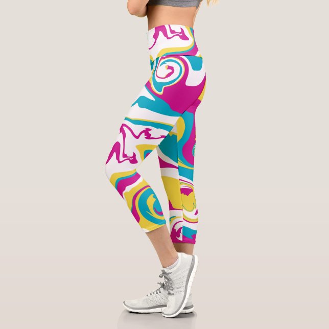 Spill - Turquoise, Yellow, Pink and White Capri Leggings (Left)