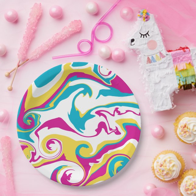 Spill - Turquoise, Yellow, Pink and White Paper Plate (Party)