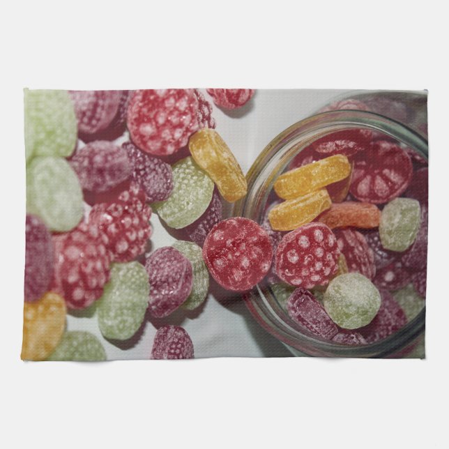 Spilled hard fruit candy from jar - Kitchen Tea Towel (Horizontal)