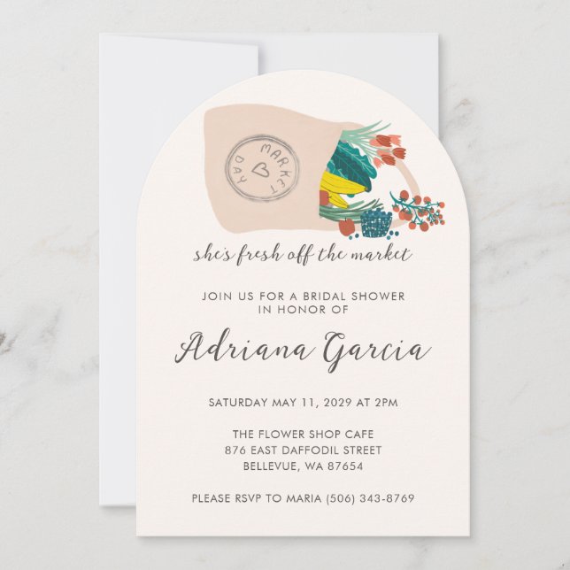 Spilled Tote FRESH OFF MARKET Arch Bridal Shower Invitation (Front)