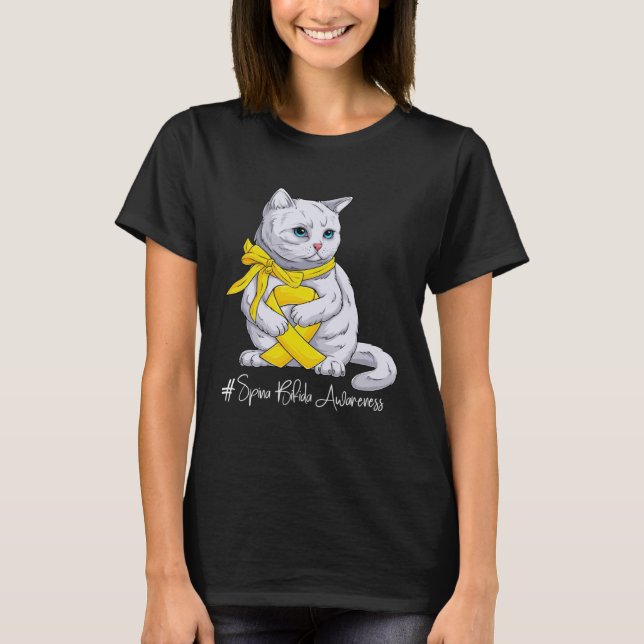 Spina Bifida Awareness Month Yellow Ribbon Cat T-Shirt (Front)