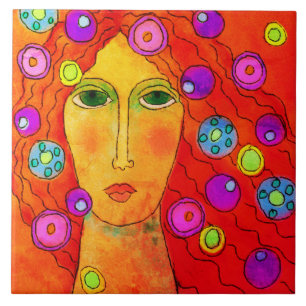 Spinning Abstract Digital Portrait of a Woman Tile