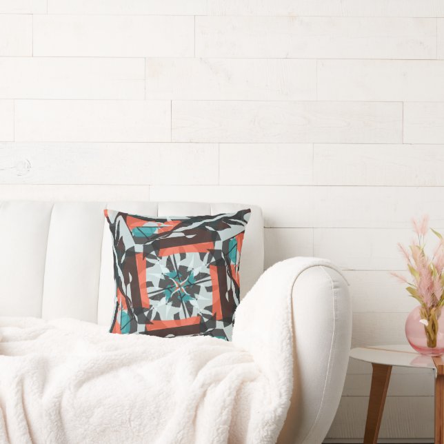 Spinning Tile Design in Orange, Black, and Aqua Cushion (Couch)