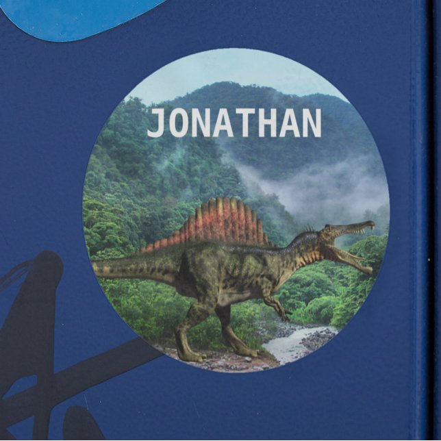 Spinosaurus Dinosaur Monogram name  Classic Round Sticker (Creator Uploaded)