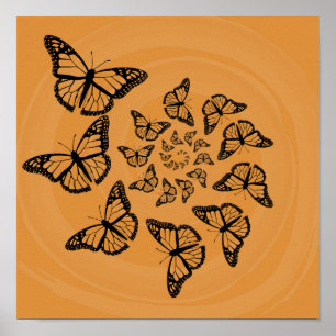 Spiral Butterflies Black on Orange Print