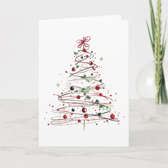 Spiral Christmas Tree Festive Ornaments & Holly Card (Front)
