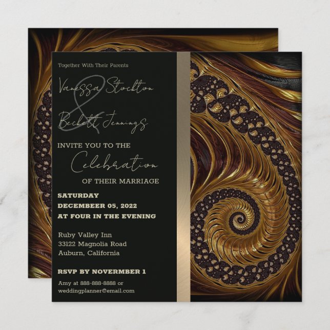 Spiral Gold Fractal Wedding Invitation (Front/Back)