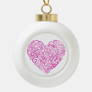 Spiral handwriting pink heart for Valentines Day Ceramic Ball Christmas Ornament