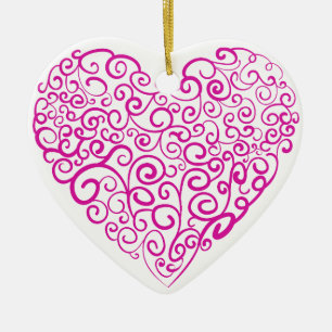 Spiral handwriting pink heart for Valentines Day Ceramic Tree Decoration