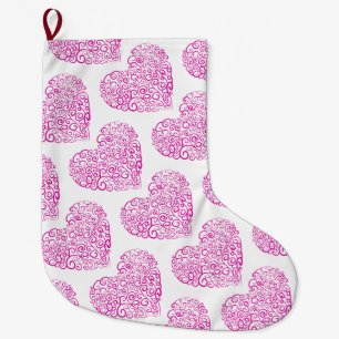 Spiral handwriting pink heart for Valentines Day Large Christmas Stocking
