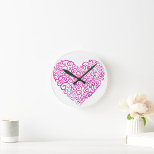 Spiral handwriting pink heart for Valentines Day Round Clock