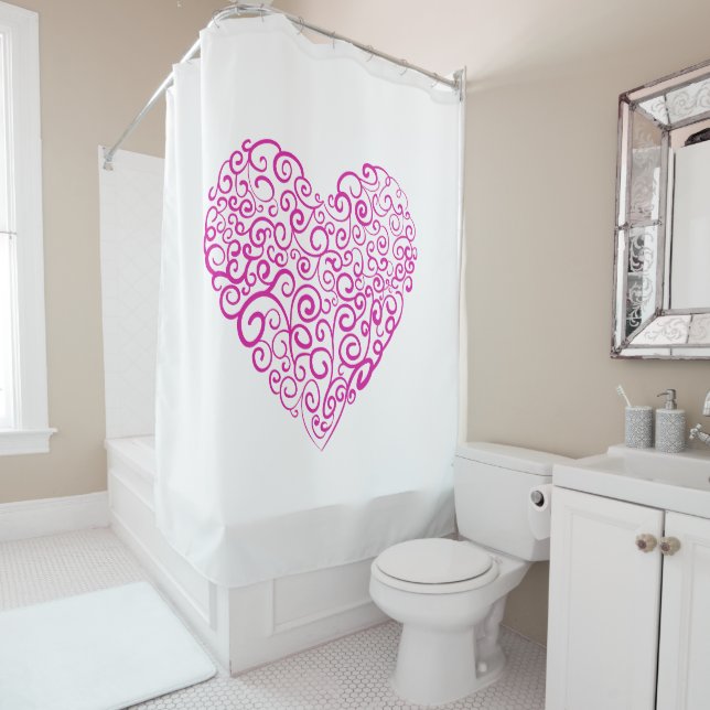Spiral handwriting pink heart for Valentines Day Shower Curtain (In Situ)