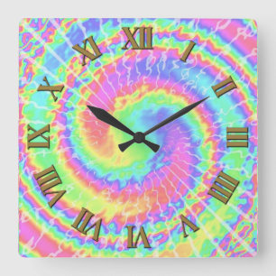 Spiral kaleidoscope TIE DYE ROMAN NUMBERS Square Wall Clock