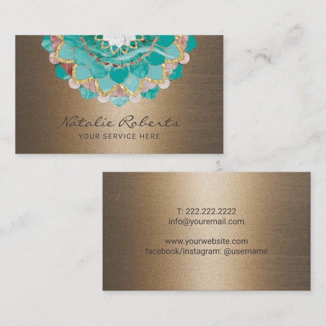 Spiral Mandala Flower Teal & Gold Spa Salon Business Card (Front/Back)
